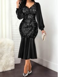 Women's Dresses V-Neck Spliced Shiny Long Sleeve Mermaid Dress - Image 2