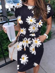 Women's Dresses Printed Belted Pocket Short Sleeve Dress - Image 3
