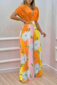 Solid Color Cropped Top Floral Pants Two-piece Set - Image 2