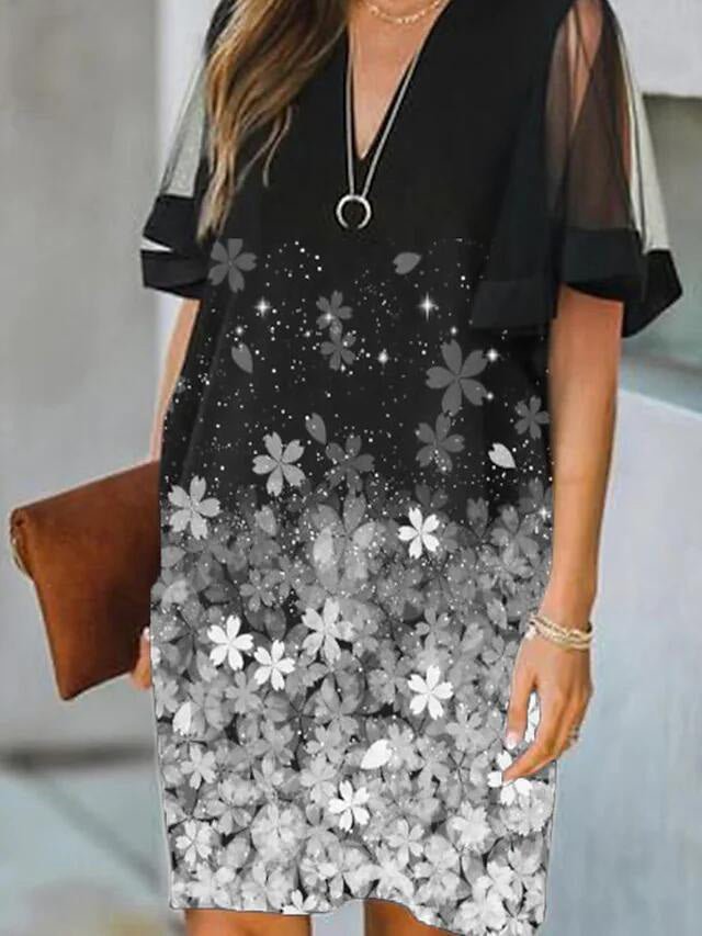 1B5BD219-000D-A8BA-313D-EB6E74E823B2.jpg Women's Dresses Printed V-Neck Mesh Panel Short Sleeve Dress - Image 1