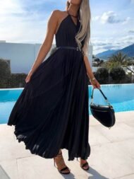 Women's Dresses Solid V-Neck Pleated Sleeveless Dress - Image 2