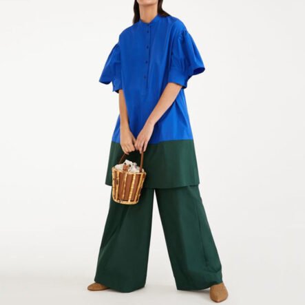 Color Block Puff Sleeve Tunic & Pants Two-piece Set