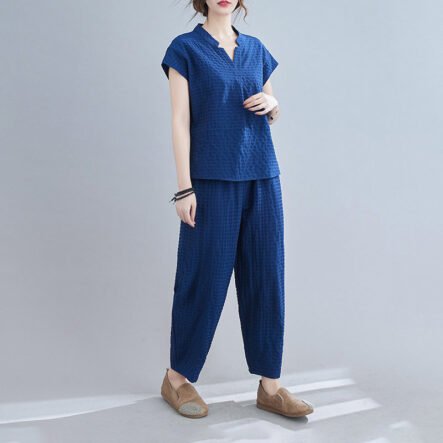 Linen Blend Casual V Neck Short Sleeve Two-piece Set