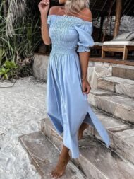 Women's Dresses One-Shoulder Elastic Pleated Slit Dress - Image 2