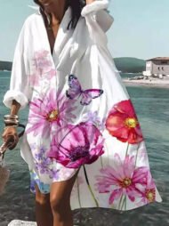 Women's Dresses Loose Lapel Printed Irregular Long Sleeve Shirt Dress - Image 3