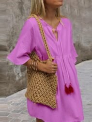 Women's Dresses Loose V-Neck Belted Simple Short Sleeve Dress - Image 4