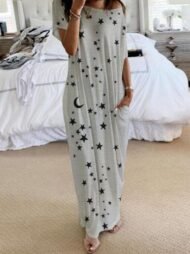 Star And Moon Print Short Sleeve Maxi Dress - Image 4