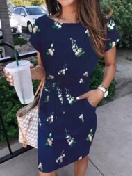 Women's Dresses Printed Belted Pocket Short Sleeve Dress - Image 2