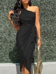 Elegant Slanted Shoulder Sleeveless Long Dress - Image 9