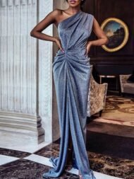 Women's Dresses Shiny One-Shoulder Sleeveless Split Party Dress