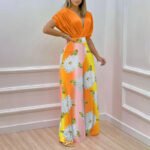 Solid Color Cropped Top Floral Pants Two-piece Set