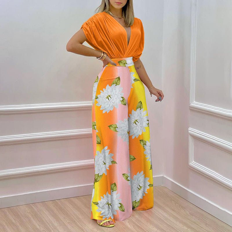 9296CE9A-A433-8EDB-5CB6-96F29FC280CA.jpg Solid Color Cropped Top Floral Pants Two-piece Set - Image 1