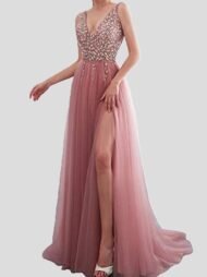 Women's Dresses Solid V-Neck Embroidered Sequin Slit Dress - Image 3