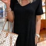 V-Neck Short Sleeve Casual Pocket Dress
