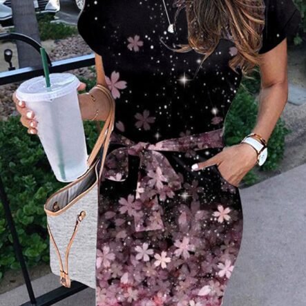 Women's Dresses Printed Belted Pocket Short Sleeve Dress