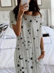 Star And Moon Print Short Sleeve Maxi Dress - Image 5