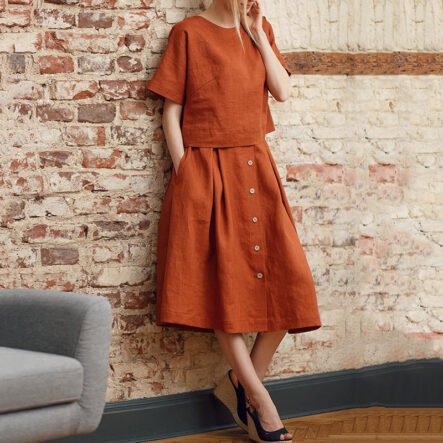 Linen Blend Short Sleeve T-shirt & Skirt Two-piece Set