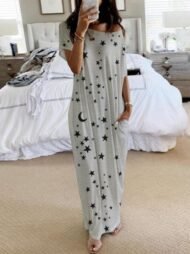 Star And Moon Print Short Sleeve Maxi Dress - Image 3