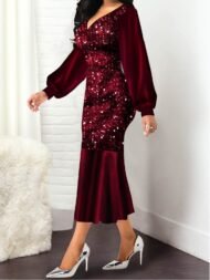 Women's Dresses V-Neck Spliced Shiny Long Sleeve Mermaid Dress - Image 3