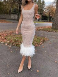 Women's Dresses Suspender Sleeveless Shiny Feather Dress - Image 3
