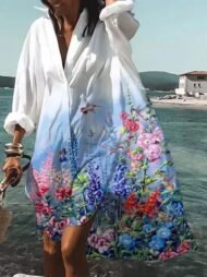 Women's Dresses Loose Lapel Printed Irregular Long Sleeve Shirt Dress