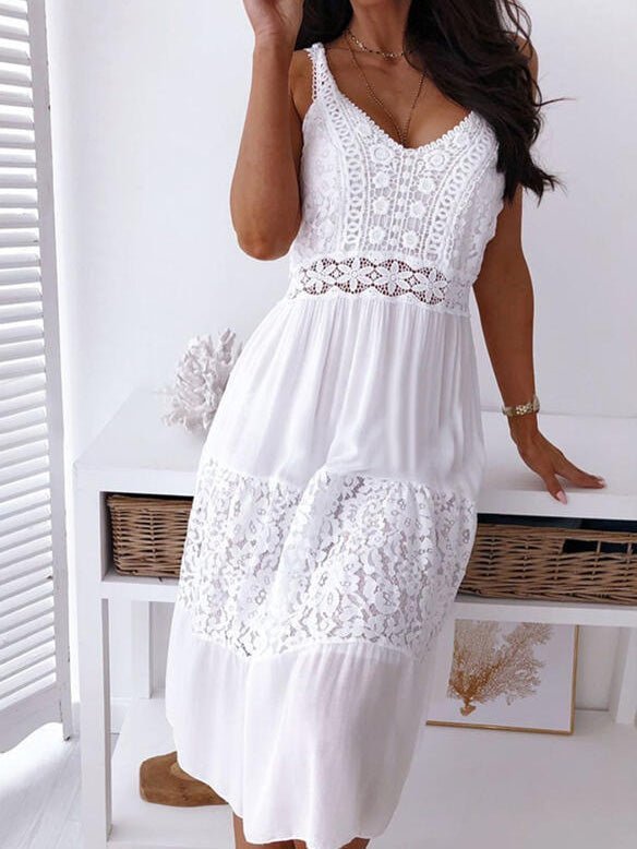 D5856D73-3A71-5564-C784-44BF3033DF33.jpg Women's Dresses V-Neck Sling Lace Panel Midi Dress - Image 1