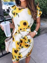 Women's Dresses Printed Belted Pocket Short Sleeve Dress - Image 4