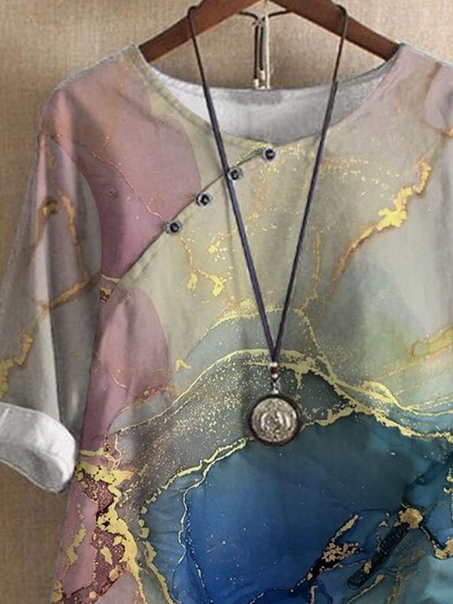 ED088110-E6A4-A7EF-88FD-DB6E393BB7BE.jpg Round Neck Foil Print Loose Short Sleeve Blouse - Image 1