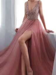 Women's Dresses Solid V-Neck Embroidered Sequin Slit Dress