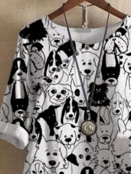 Fun Puppy Print Loose Crewneck Short Sleeve Blouse