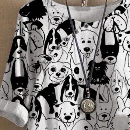 Fun Puppy Print Loose Crewneck Short Sleeve Blouse